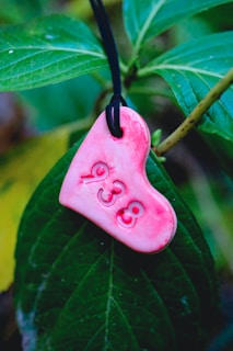 A heart-shaped pink charm with the number 938 is hanging from a black string against a backdrop of lush green leaves.