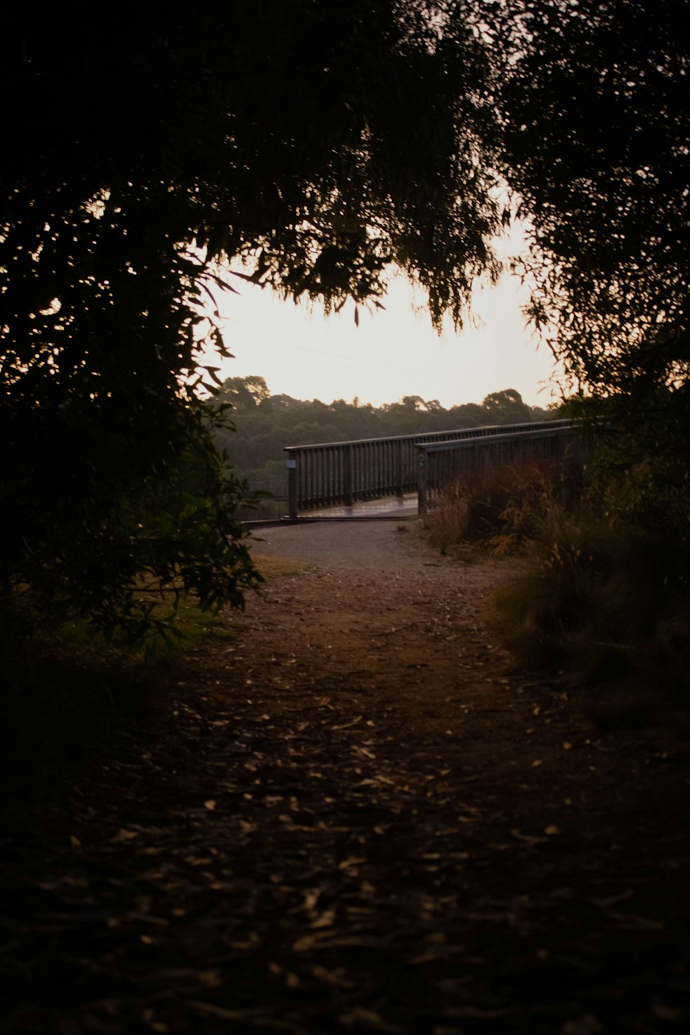 a dirt path with a bridge in the distance