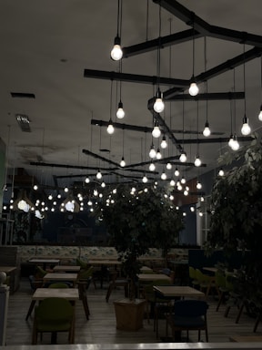 A dimly lit modern indoor space features numerous hanging light bulbs with exposed filaments suspended from the ceiling. The room is furnished with wooden tables and colorful chairs, surrounded by large indoor plants. In the background, decorative lighting fixtures enhance the ambiance.