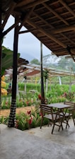 A rustic outdoor seating area with bamboo furniture overlooks a lush, green rice field. The setting includes wooden tables and chairs, surrounded by vibrant red and green foliage. Flags and decorative elements hang from the structure, providing a traditional, calm vibe. Misty mountains and trees are visible in the background, adding a serene, natural atmosphere.