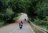 Two motorcyclists travel down a winding road lined with lush, green trees, creating a serene and adventurous scene. The leading rider carries a large red backpack. The scene is peaceful with a car visible ahead, suggesting a journey through a rural or forested area.