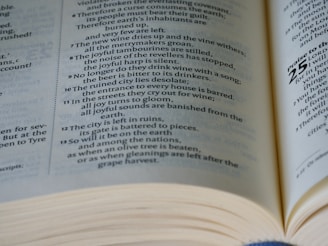 A close-up view of an open book with text on both visible pages. The focus is on one page with poetic or biblical verses written in a column format.