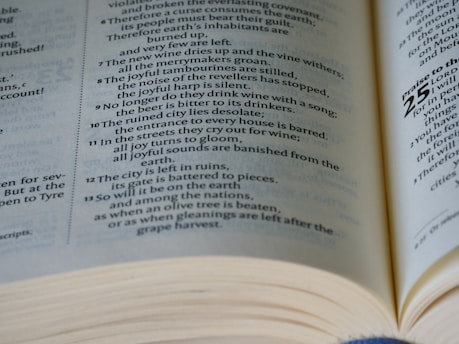 A close-up view of an open book with text on both visible pages. The focus is on one page with poetic or biblical verses written in a column format.