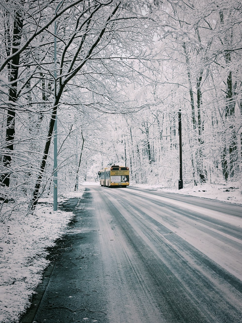 a school bus driving down a snow covered road