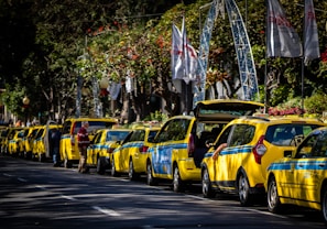 A line of various sized taxis from the fleet waiting for customers on a sunny day.