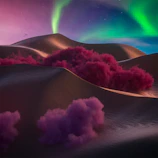 An atmospheric shot of a desert landscape under northern lights blending Nordic and Egyptian elements.