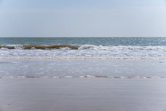 A calm ocean wave gently rolling onto a sandy shore under a clear sky, symbolizing smooth communication and flow