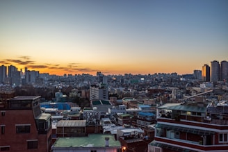 A cityscape showing a mix of residential and commercial buildings at sunset.