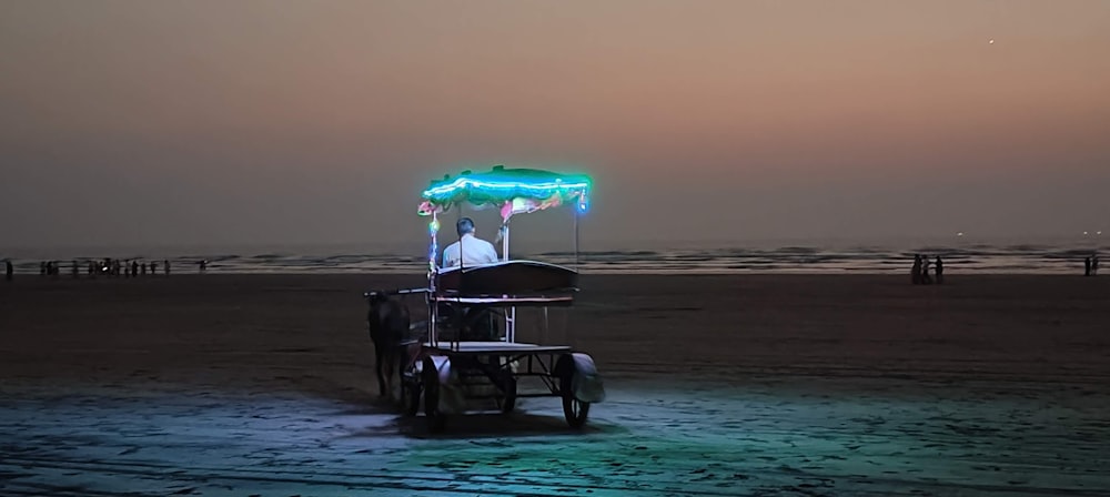 a man sitting in a cart on the beach