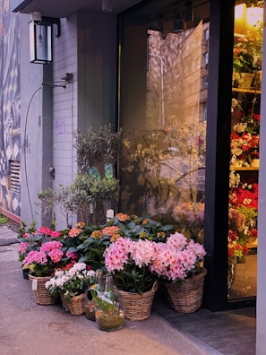A charming flower shop entrance is adorned with a variety of colorful plants in woven baskets and pots. The assortment includes blooming pink and white flowers, adding a vibrant touch to the urban sidewalk setting. A glass vase with a small plant is placed among the baskets, enhancing the aesthetic. The shop's glass door reflects the street scene outside, including trees and buildings.