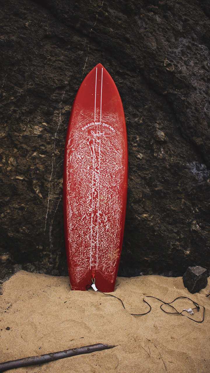 A red fish-shaped surfboard standing on wet sand against a dark sea-rock backdrop