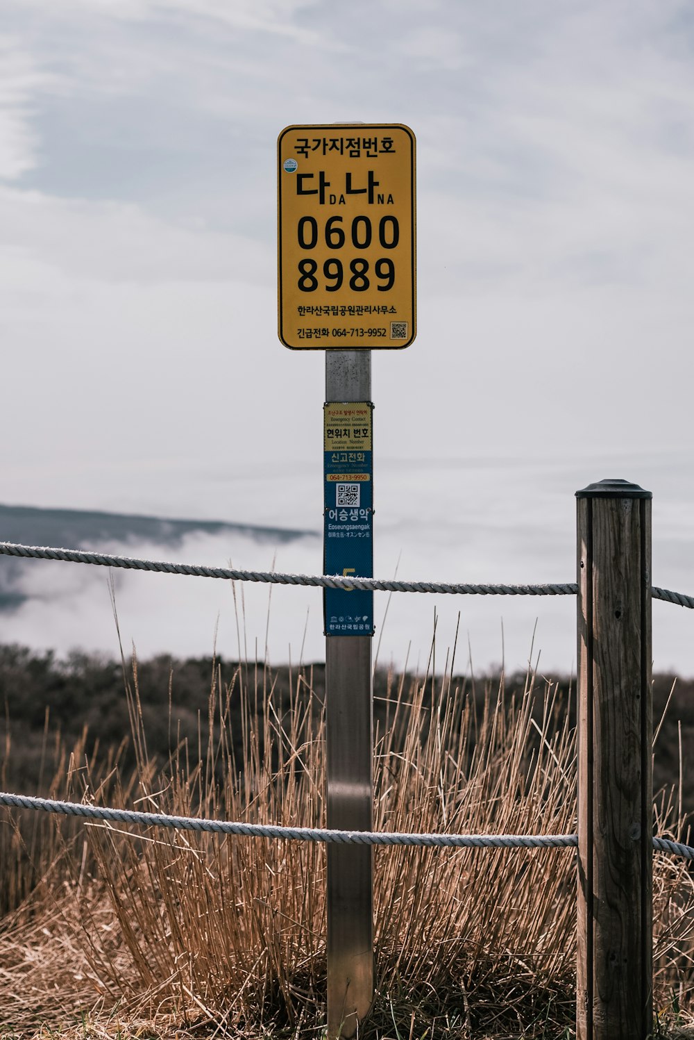 a yellow and black sign sitting on the side of a road