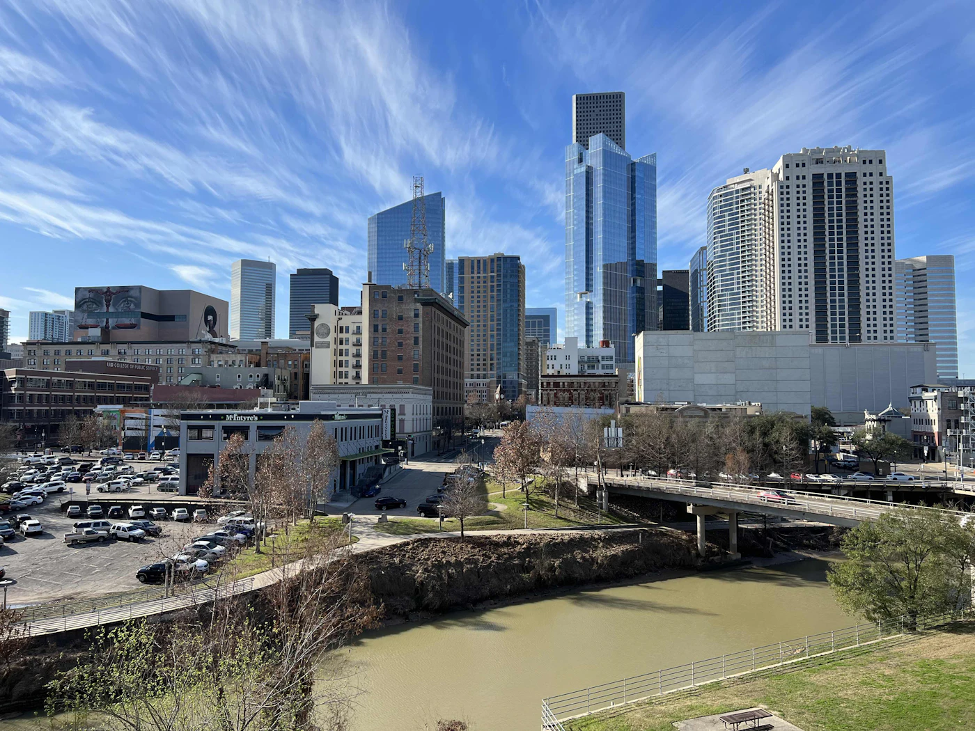 Downtown Houston skyline over Buffalo Bayou