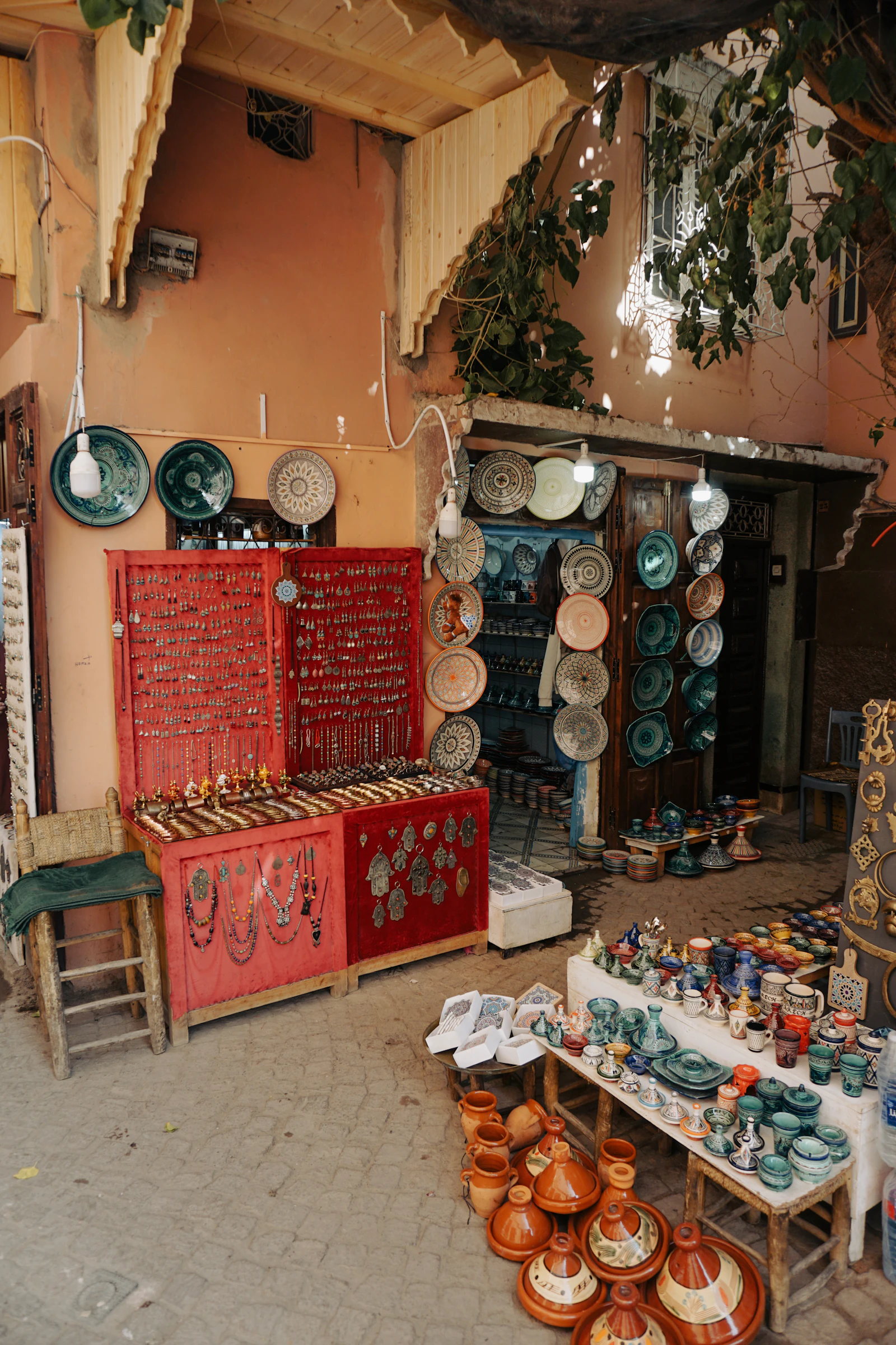 Traditional shop display with goods on shelves