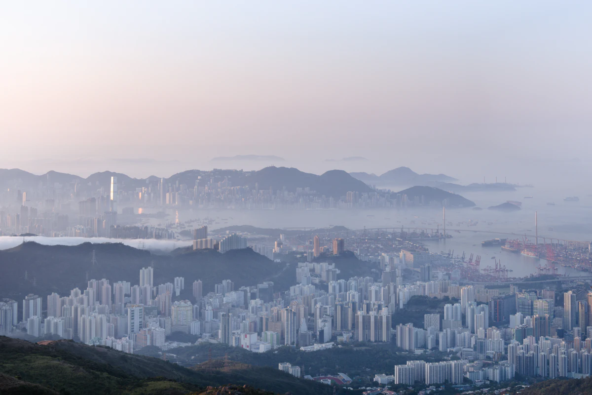 Tsuen Wan and the hills of Hong Kong Island at dawn, seen from Tai Mo Shan
