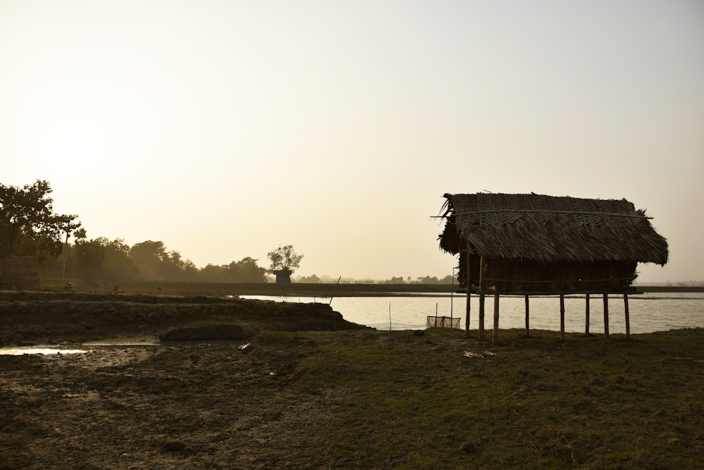 uma cabana sentada no topo de um campo verde exuberante ao lado de um corpo de água