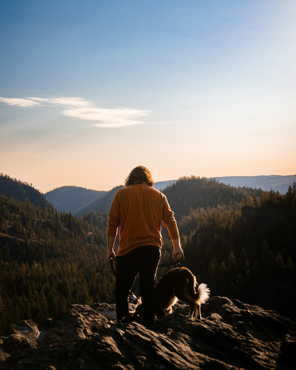a person and a dog on a mountain top