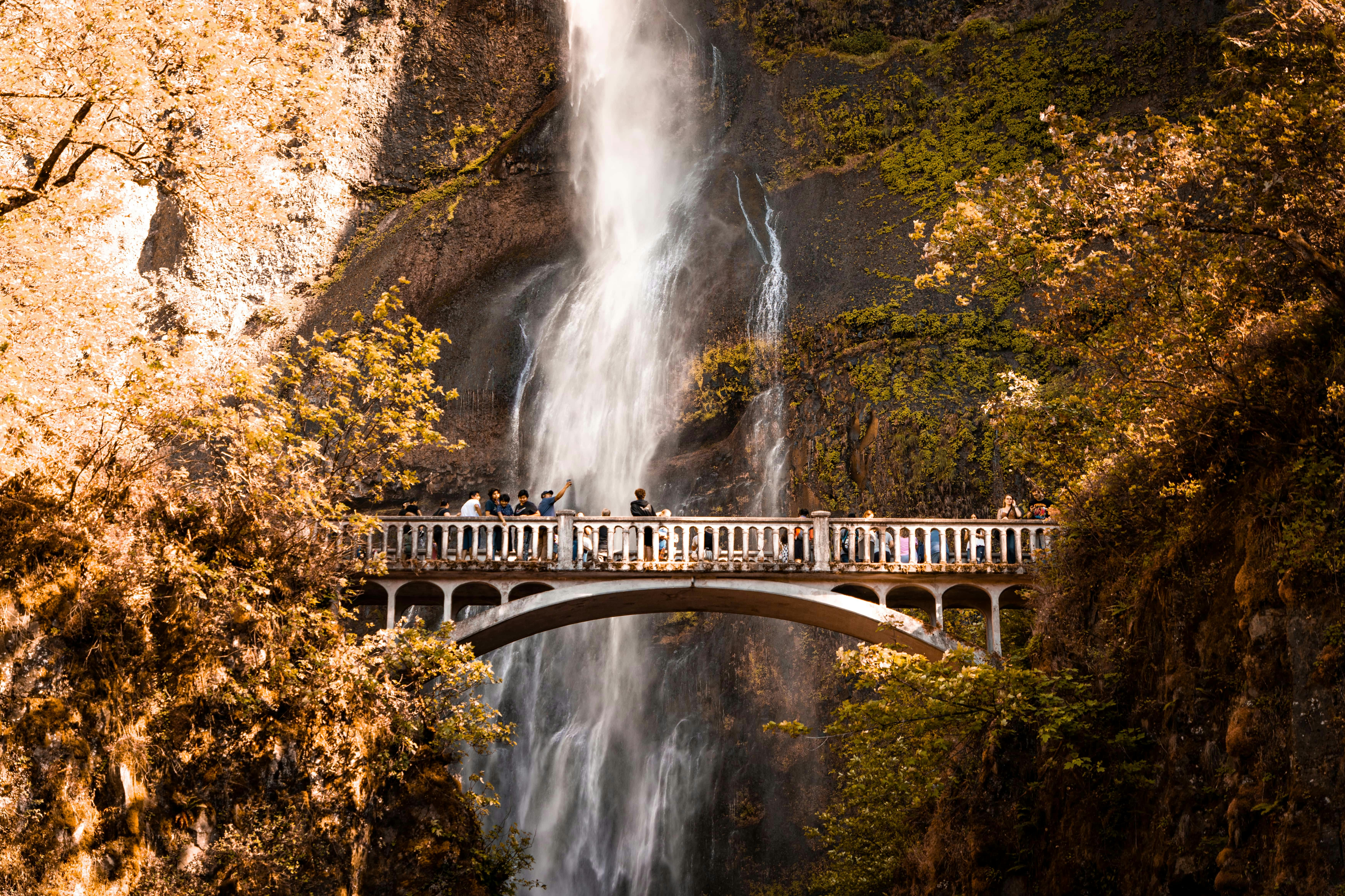a group of people standing on a bridge over a waterfall