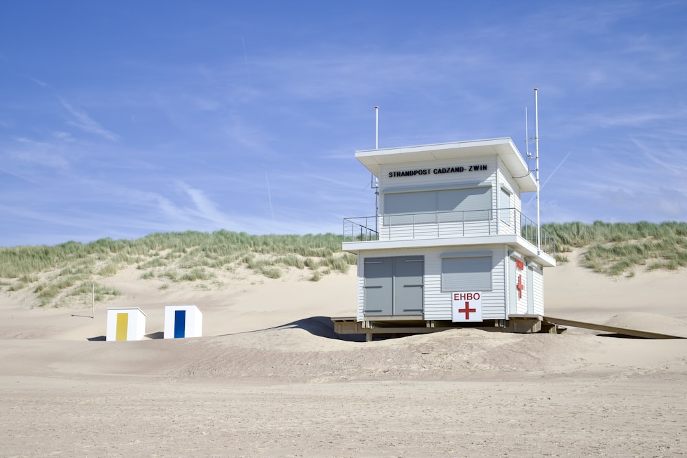 a life guard stand in the middle of a sandy beach