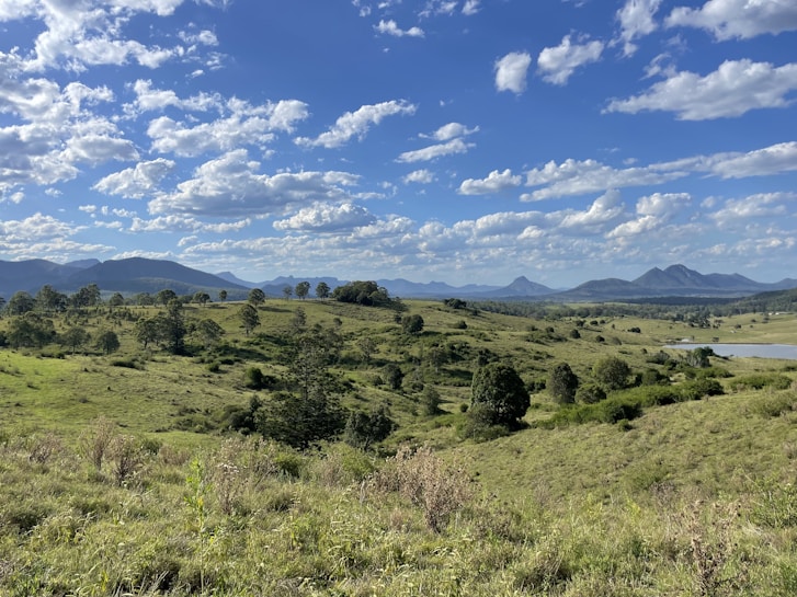 A serene landscape featuring gently rolling hills covered in green grass and scattered trees. In the distance, there are mountain ranges under a bright blue sky with scattered white clouds. There is a body of water visible towards the right, enhancing the tranquility of the scene.