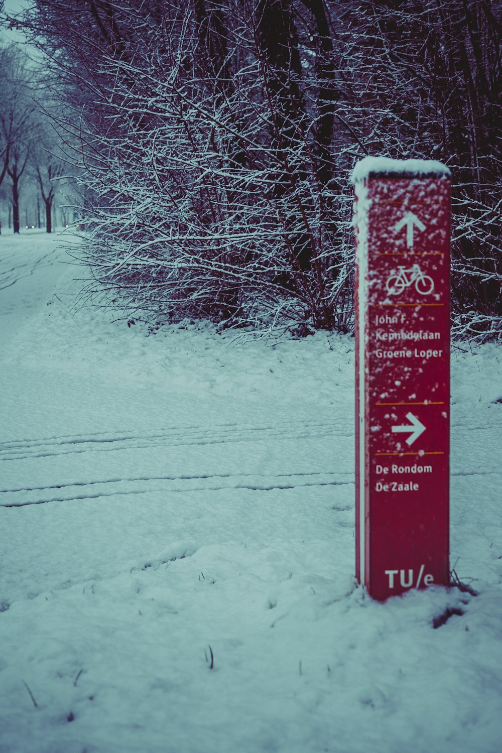 un cartello rosso seduto sul lato di una strada coperta di neve