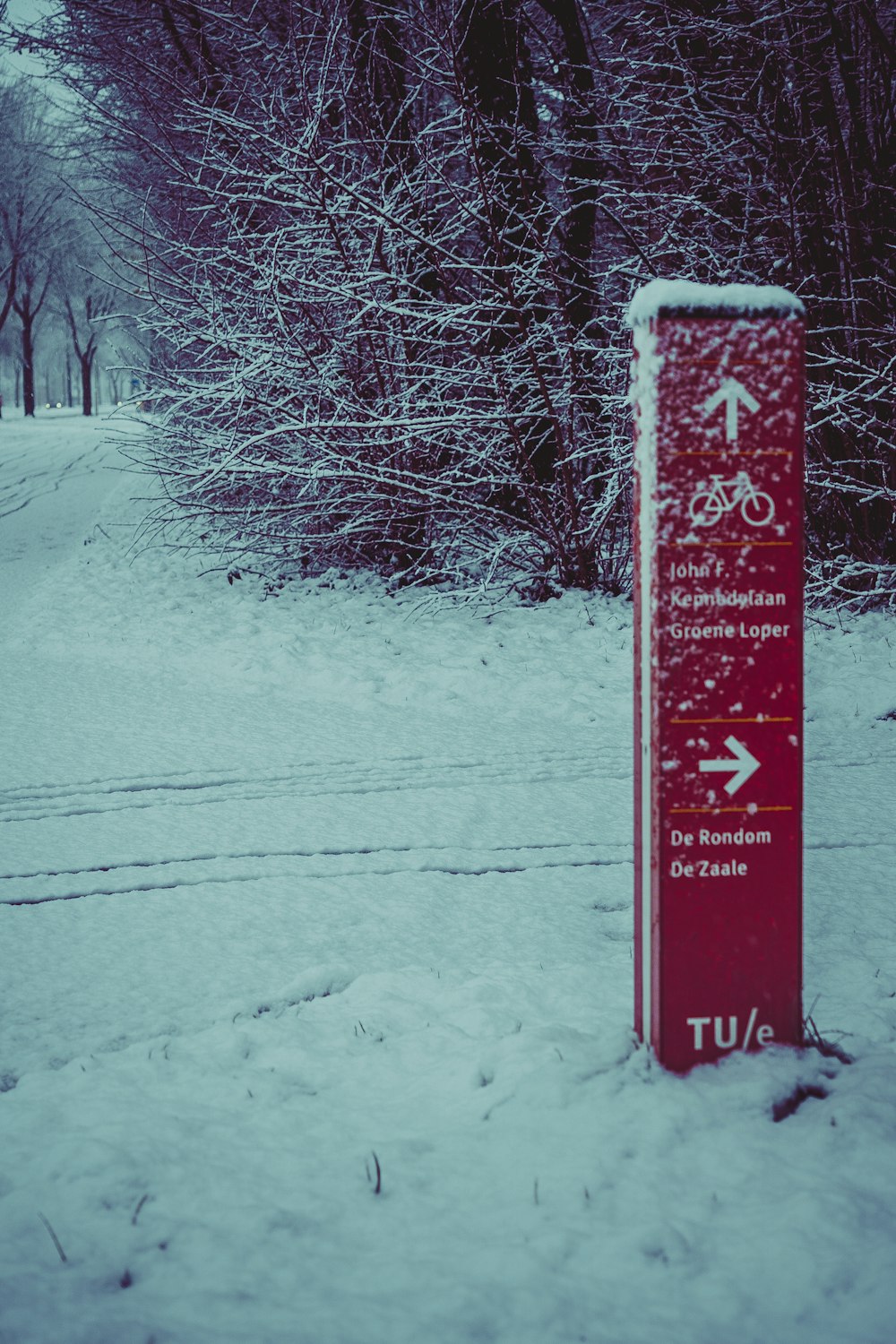 un panneau rouge sur le bord d’une route enneigée