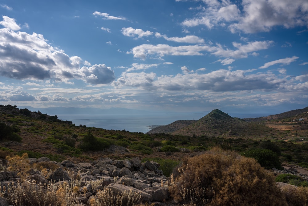 a view of the ocean from the top of a hill