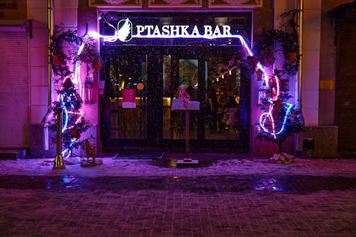 A bar entrance is adorned with vibrant neon lights in blue and pink, creating an inviting and festive atmosphere. The door is flanked by decorative plants and a metal stand, and the sign above reads 'Ptaška Bar' in illuminated letters. Snow lightly covers the ground, suggesting a cold night.