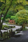 a path in a japanese garden with rocks and trees