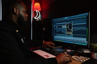 A person working at a music production setup with a large monitor displaying music editing software. The room has dim lighting with a red lamp casting a warm glow. Various studio equipment and accessories, such as a keyboard and mixing console, are present.