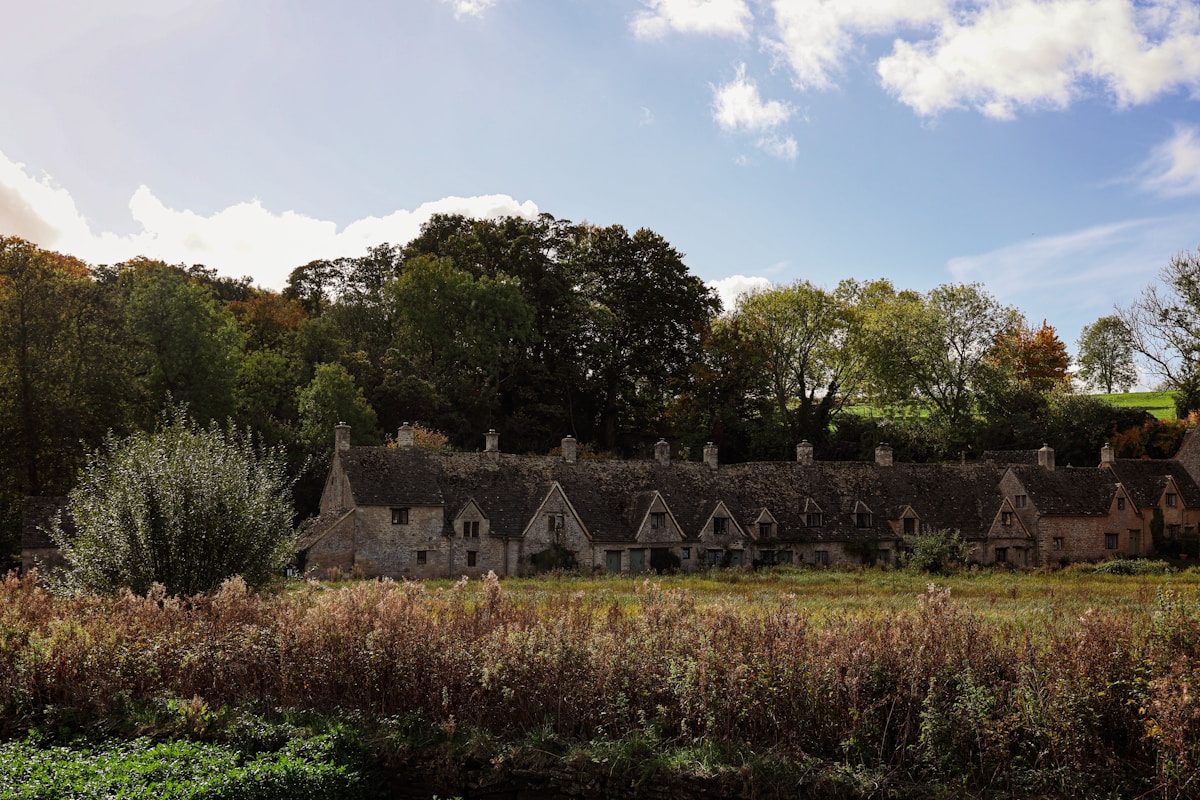 a large house with a lot of windows in the middle of a field