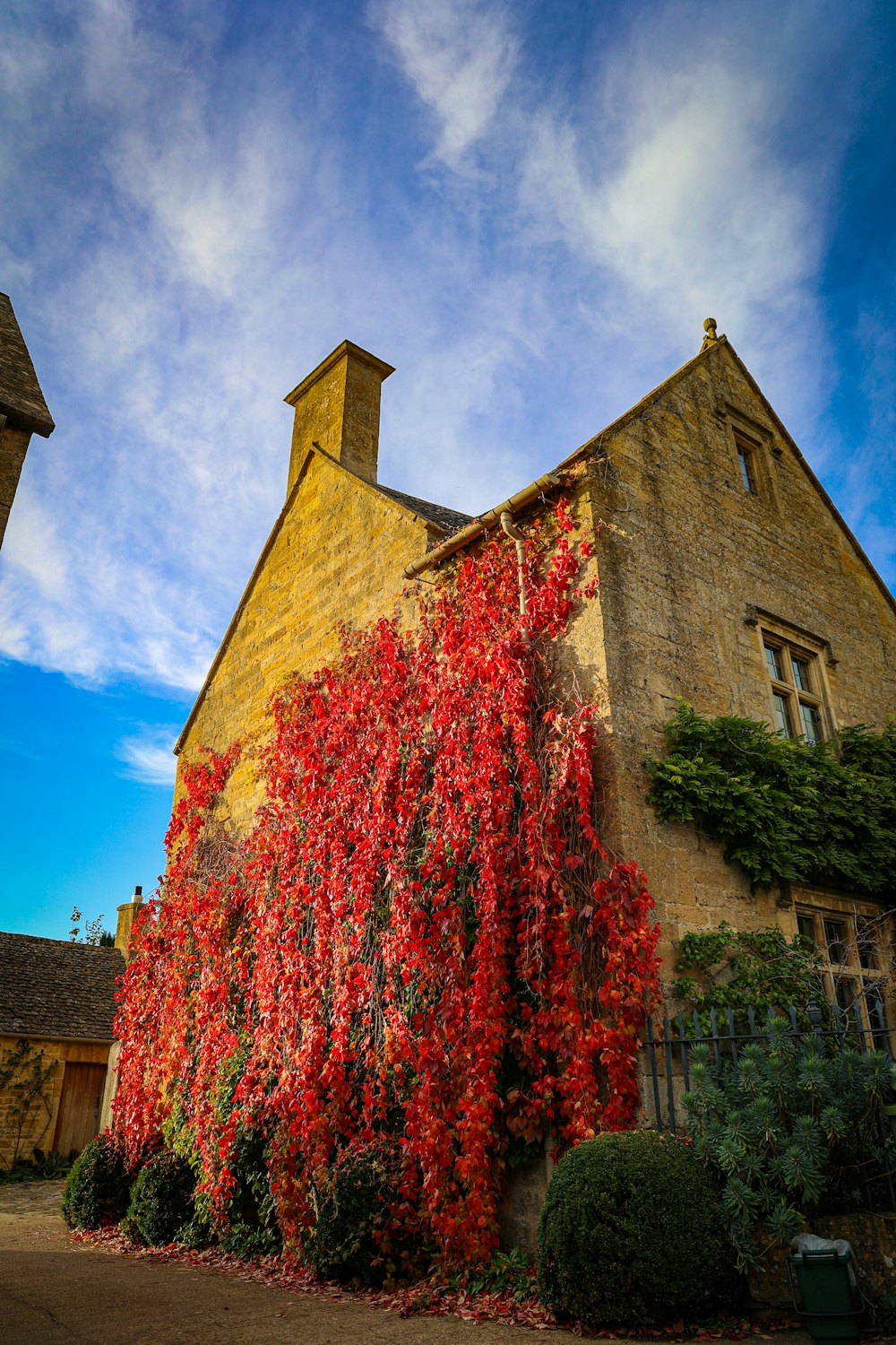 a building with a bunch of red flowers on it