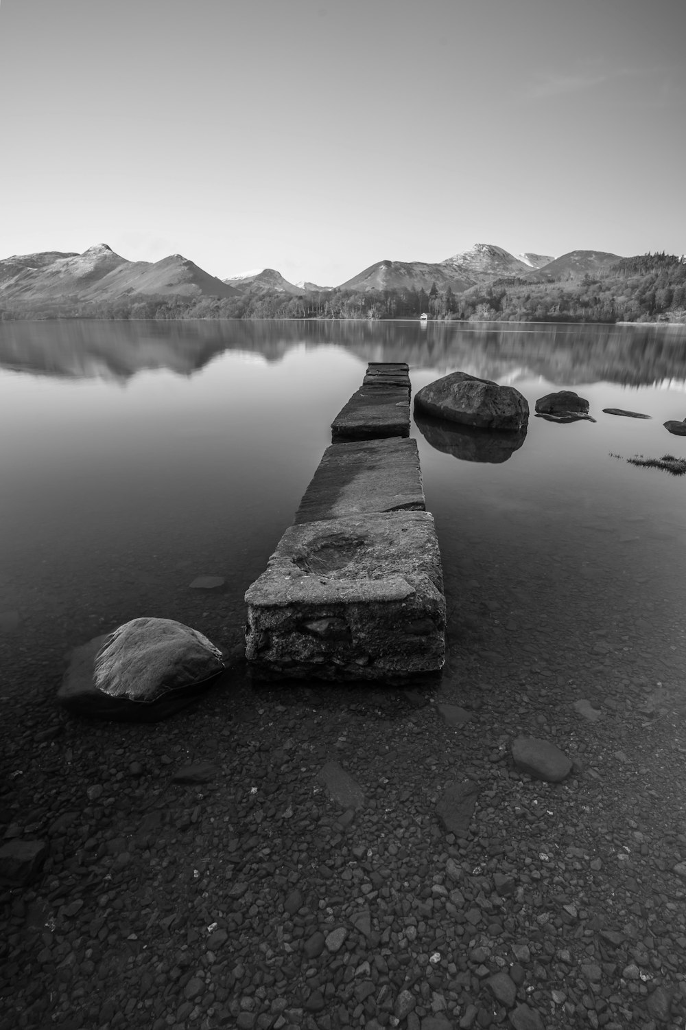 Una foto in bianco e nero di un molo in un lago