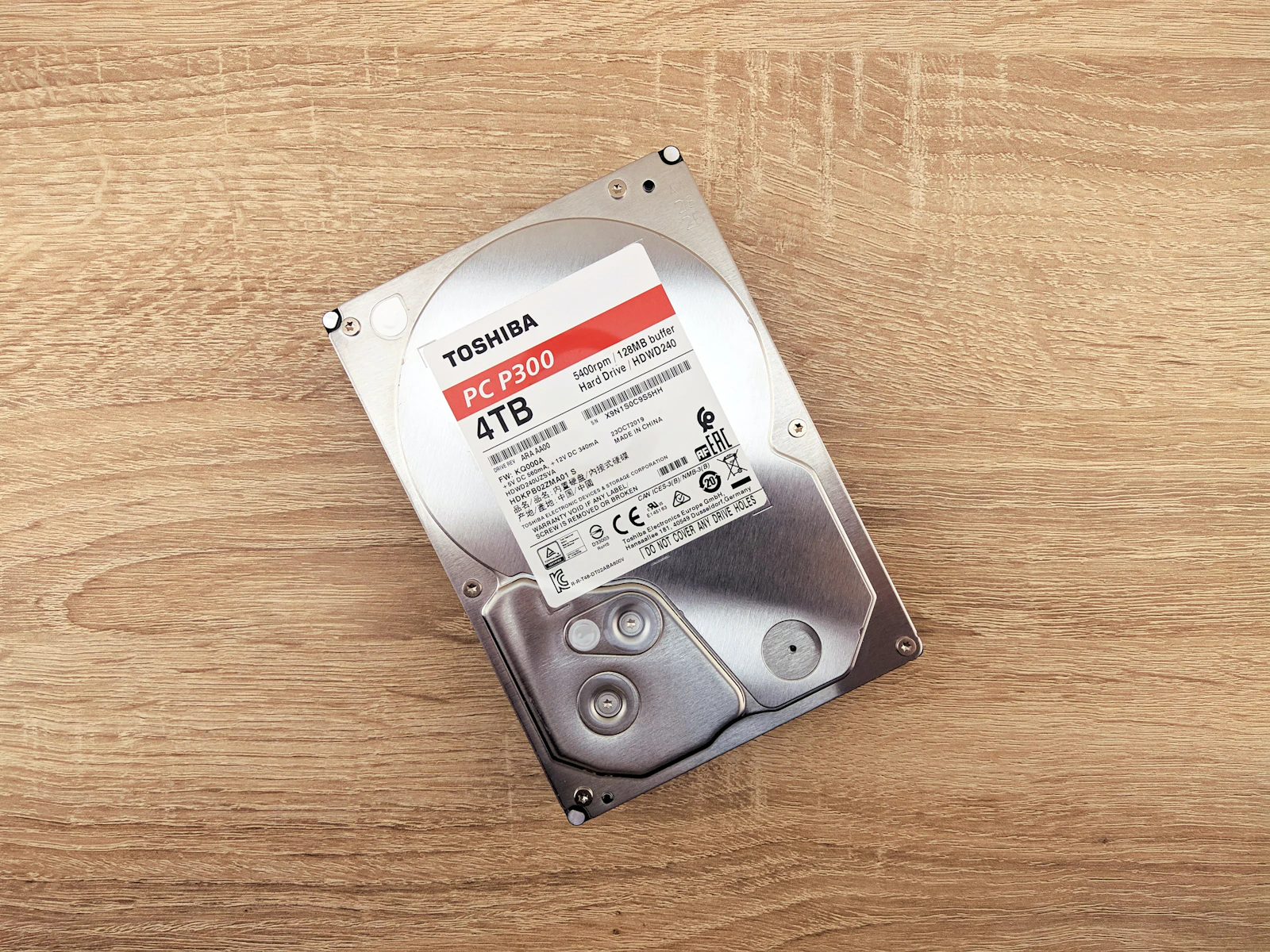 Large capacity desktop hard drive resting on a wooden table