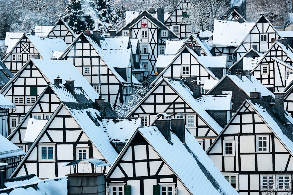 um grande grupo de casas cobertas de neve