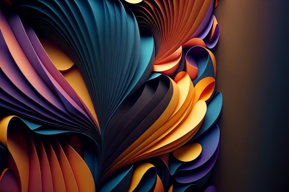 A vibrant abstract artwork featuring intricate, flowing patterns and shapes. The composition is dominated by layered, folded structures resembling paper or fabric, with a mixture of curves and pointed edges. The colors blend seamlessly, creating a dynamic and visually stimulating scene.