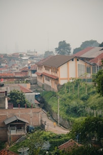 A suburban or rural neighborhood with a mix of modern and traditional architecture. A long building with a brown roof and light yellow walls stands prominently, surrounded by greenery and smaller houses with red-tiled roofs. A narrow road winds through the area, where a person in a yellow shirt is seen walking. The sky is overcast, creating a muted and serene atmosphere.
