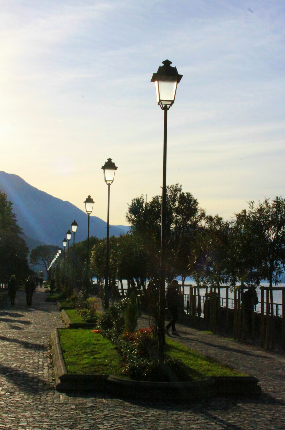 a couple of street lamps sitting on the side of a road