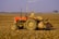 A person wearing headgear operates an orange tractor in a vast, plowed agricultural field. A tall smokestack emits smoke in the background, with a hazy sky and some distant buildings and power lines visible. The soil looks dry and the landscape is expansive.