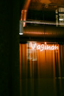 A neon sign displaying the word 'Vagínan' is illuminated against a dark background with industrial elements, including air ducts and piping, visible above. The neon sign casts a soft glow, highlighting the curtain behind it.