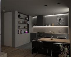 a kitchen with a wooden counter top next to a stove top oven