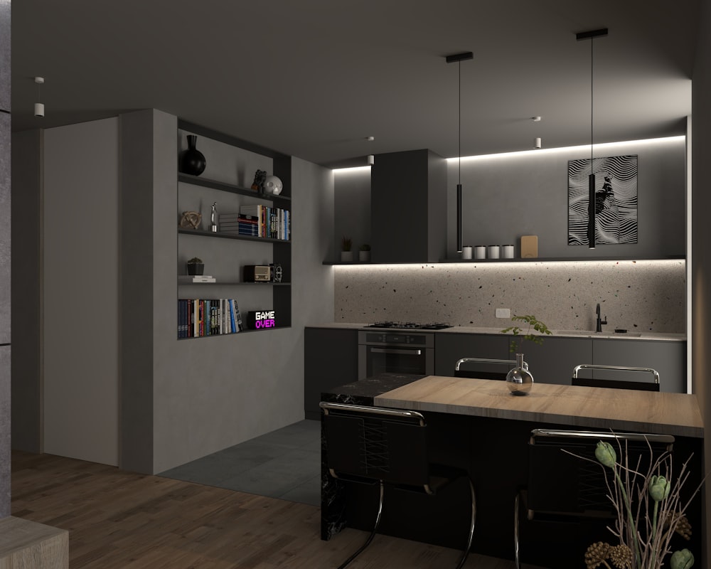 a kitchen with a wooden counter top next to a stove top oven