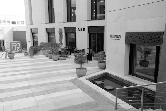 A modern outdoor area with large stone tiles on the ground, surrounded by a building facade. Potted plants are placed along the walkway alongside tables and chairs, suggesting a cafe or restaurant setting. There are also windows with decorative designs above them. A small rectangular water feature with stepping stones is present.