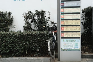 A public transportation schedule is displayed on a tall metal stand next to a partially visible bicycle. The stand is surrounded by green shrubbery, giving an urban yet natural setting. The schedule contains multiple sections with text and numbers, likely indicating bus routes or times.