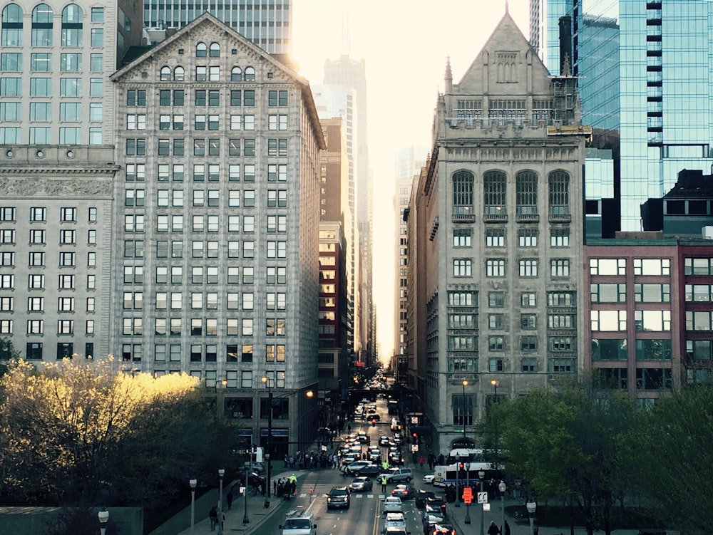 a city street filled with lots of tall buildings