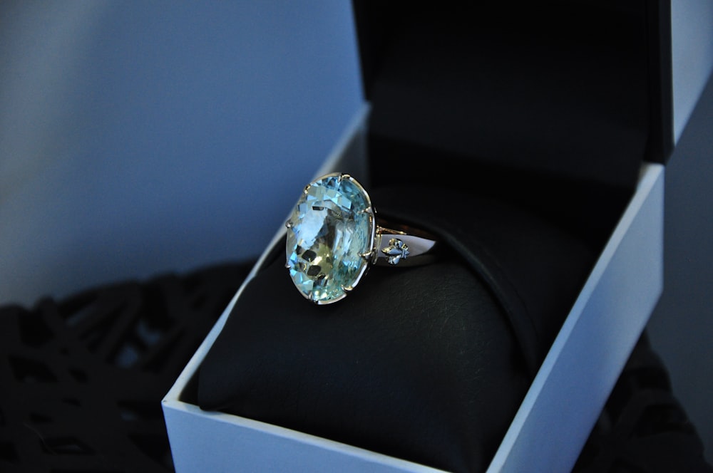 a ring with a blue topaz sits in a box