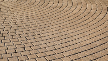 Interlocking brick pavement forms an intricate pattern of curved lines. The bricks are uniformly arranged, creating a textured and visually captivating surface.