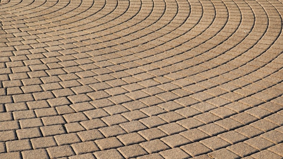 Interlocking brick pavement forms an intricate pattern of curved lines. The bricks are uniformly arranged, creating a textured and visually captivating surface.