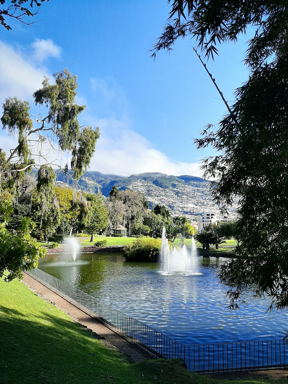 a lake with a fountain in the middle of it