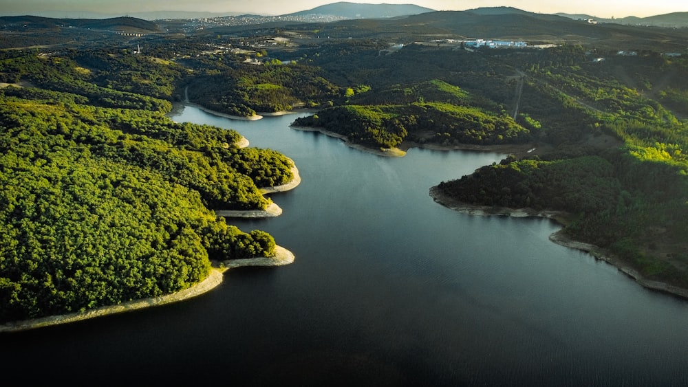 an aerial view of a body of water surrounded by trees